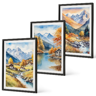 Set tablouri decorative Case de râu în munți de toamnă