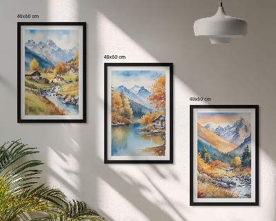 Set tablouri decorative Case de râu în munți de toamnă