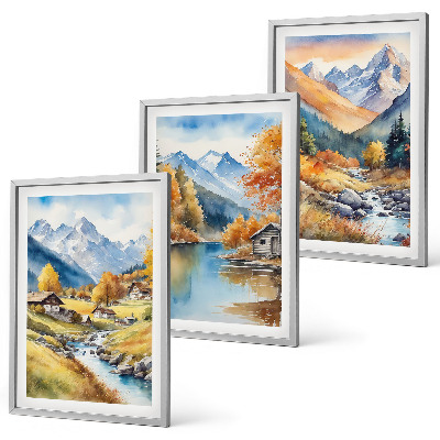 Set tablouri decorative Case de râu în munți de toamnă