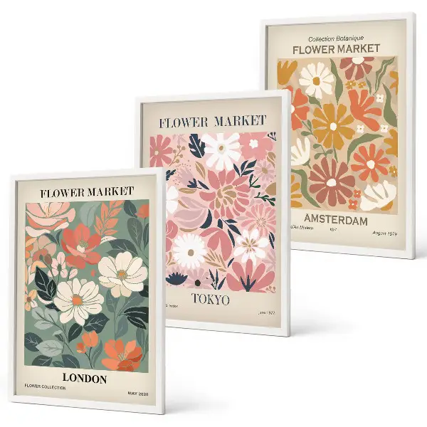 Set de tablouri pentru dormitor cu modele florale inspirate din Londra Tokyo și Amsterdam