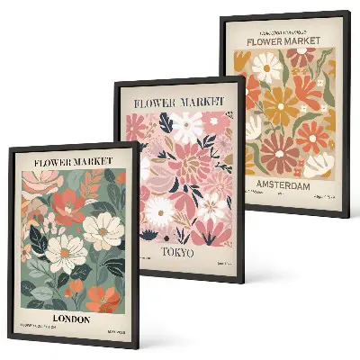 Set de tablouri pentru dormitor cu modele florale inspirate din Londra Tokyo și Amsterdam