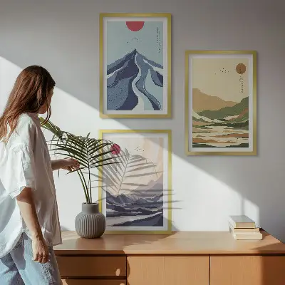 Set de tablouri pentru dormitor cu munți pastelați în stil japonez