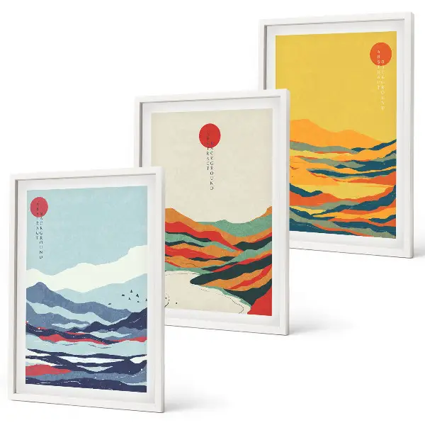 Set de tablouri decorative abstracție cu peisaj montan și râu colorat