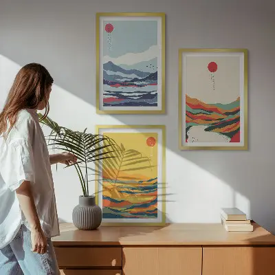 Set de tablouri decorative abstracție cu peisaj montan și râu colorat