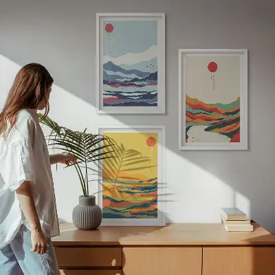 Set de tablouri decorative abstracție cu peisaj montan și râu colorat