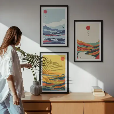 Set de tablouri decorative abstracție cu peisaj montan și râu colorat
