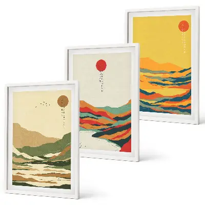 Set tablouri decorative modele abstracte cu munți și râuri în stil Japandi