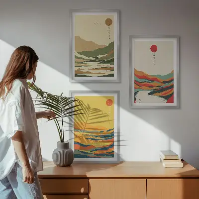 Set tablouri decorative modele abstracte cu munți și râuri în stil Japandi