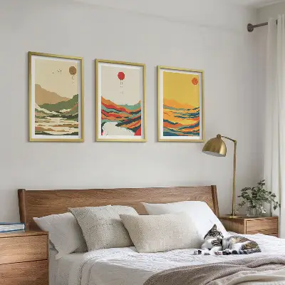 Set tablouri decorative modele abstracte cu munți și râuri în stil Japandi