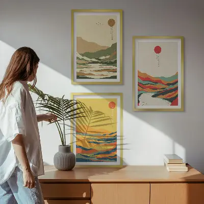 Set tablouri decorative modele abstracte cu munți și râuri în stil Japandi