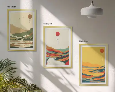 Set tablouri decorative modele abstracte cu munți și râuri în stil Japandi