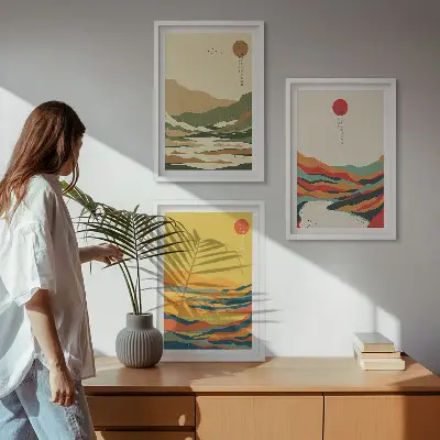 Set tablouri decorative modele abstracte cu munți și râuri în stil Japandi