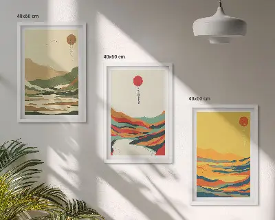 Set tablouri decorative modele abstracte cu munți și râuri în stil Japandi