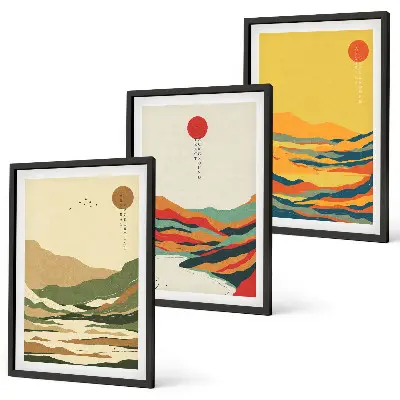 Set tablouri decorative modele abstracte cu munți și râuri în stil Japandi