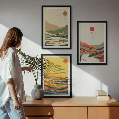 Set tablouri decorative modele abstracte cu munți și râuri în stil Japandi