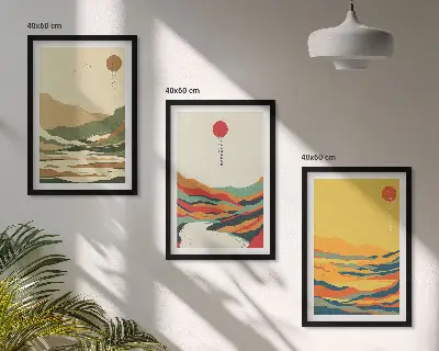 Set tablouri decorative modele abstracte cu munți și râuri în stil Japandi