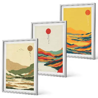 Set tablouri decorative modele abstracte cu munți și râuri în stil Japandi