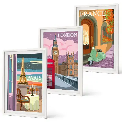 Set de tablouri pentru dormitor cu vederi retro din Paris și Londra