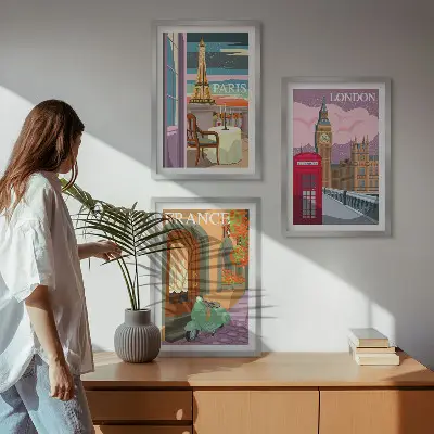 Set de tablouri pentru dormitor cu vederi retro din Paris și Londra