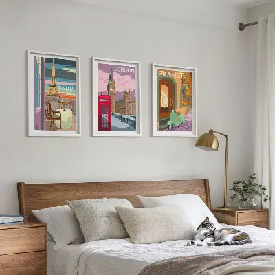 Set de tablouri pentru dormitor cu vederi retro din Paris și Londra