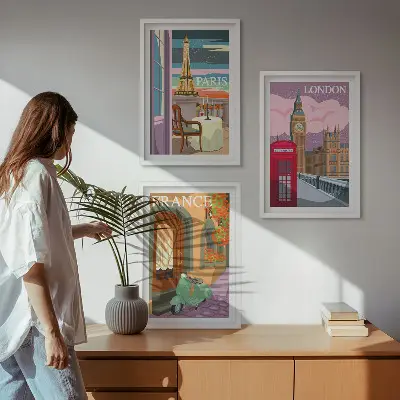 Set de tablouri pentru dormitor cu vederi retro din Paris și Londra