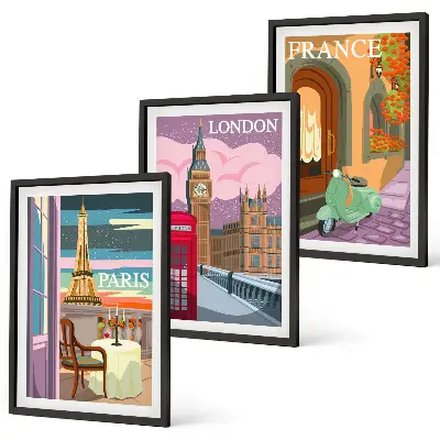 Set de tablouri pentru dormitor cu vederi retro din Paris și Londra