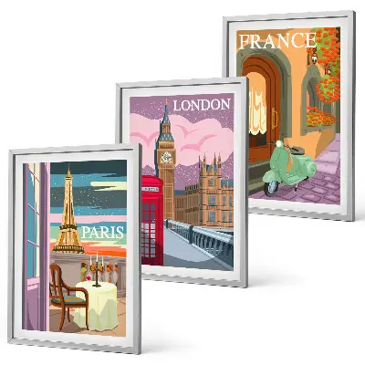 Set de tablouri pentru dormitor cu vederi retro din Paris și Londra