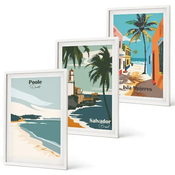 Set de tablouri pentru dormitor cu model de plaje tropicale și palmieri