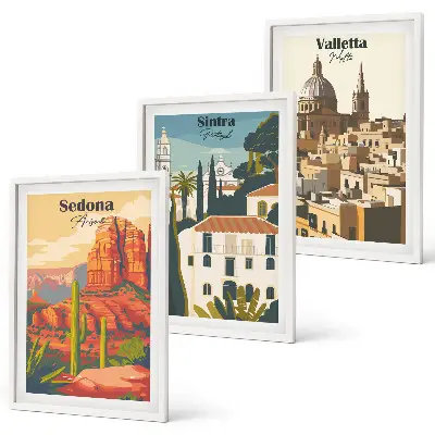 Set de tablouri pentru dormitor cu vizualizări retro Sedona, Sintra și Valletta
