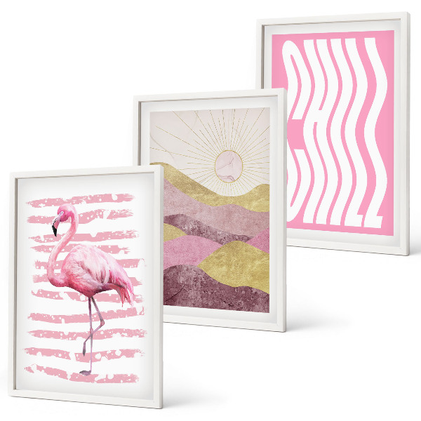 Set tablouri decorative Peisaj pastelat cu flamingo roz