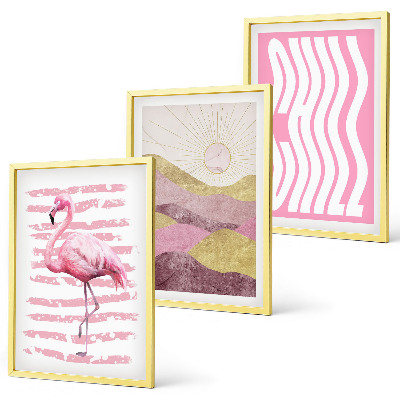 Set tablouri decorative Peisaj pastelat cu flamingo roz