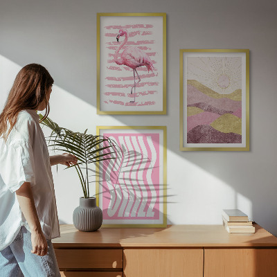 Set tablouri decorative Peisaj pastelat cu flamingo roz
