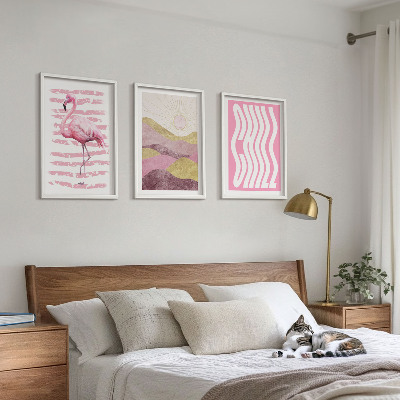 Set tablouri decorative Peisaj pastelat cu flamingo roz