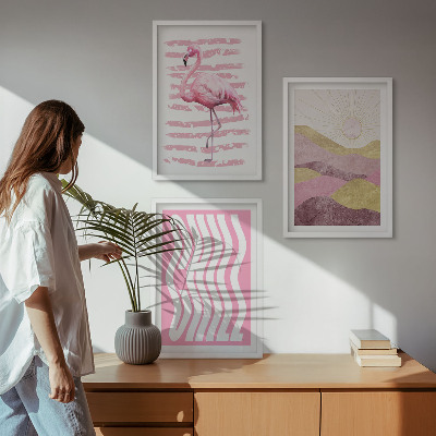 Set tablouri decorative Peisaj pastelat cu flamingo roz