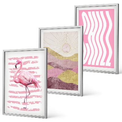 Set tablouri decorative Peisaj pastelat cu flamingo roz
