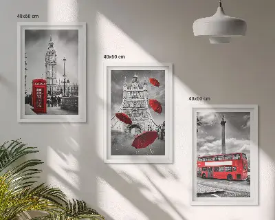 Set de tablouri pentru dormitor cu cabină telefonică, umbrelă roșie și autobuz londonez
