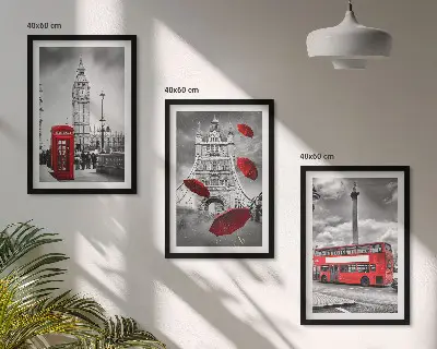 Set de tablouri pentru dormitor cu cabină telefonică, umbrelă roșie și autobuz londonez