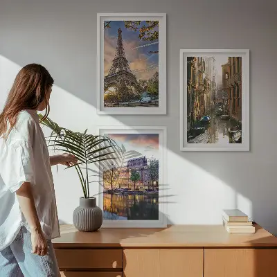 Set tablouri decorative cu Turnul Eiffel, Veneția și canale din Amsterdam