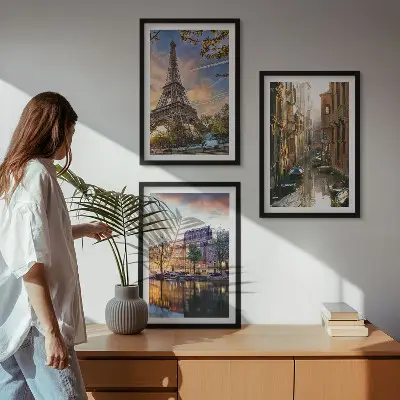 Set tablouri decorative cu Turnul Eiffel, Veneția și canale din Amsterdam