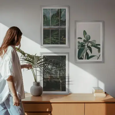 Set tablouri pentru dormitor cu model de frunze verzi pe fereastră