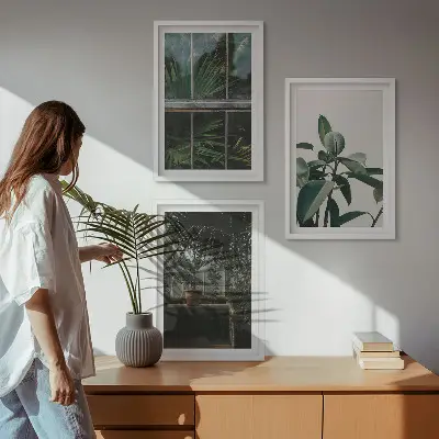 Set tablouri pentru dormitor cu model de frunze verzi pe fereastră