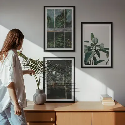 Set tablouri pentru dormitor cu model de frunze verzi pe fereastră