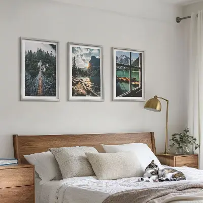 Set tablouri decorative cu peisaj de pod, pădure, lac, bărci și munți