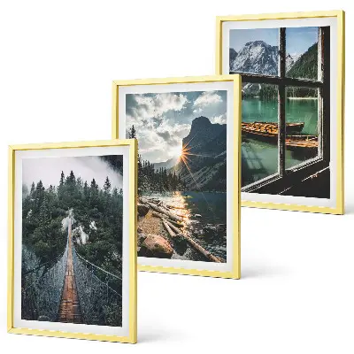 Set tablouri decorative cu peisaj de pod, pădure, lac, bărci și munți