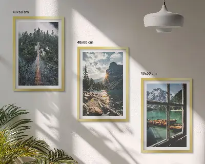 Set tablouri decorative cu peisaj de pod, pădure, lac, bărci și munți