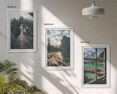 Set tablouri decorative cu peisaj de pod, pădure, lac, bărci și munți