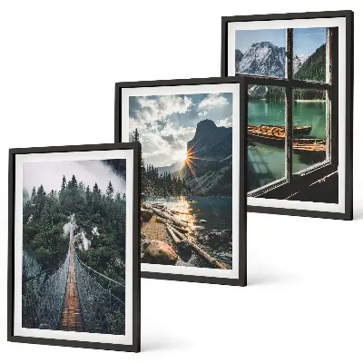 Set tablouri decorative cu peisaj de pod, pădure, lac, bărci și munți