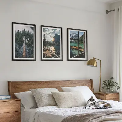 Set tablouri decorative cu peisaj de pod, pădure, lac, bărci și munți