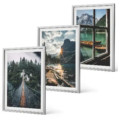 Set tablouri decorative cu peisaj de pod, pădure, lac, bărci și munți