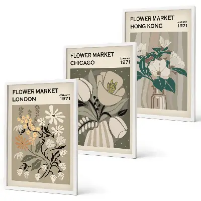 Set de tablouri pentru dormitor cu grafica Târguri de flori Londra Chicago Hong Kong